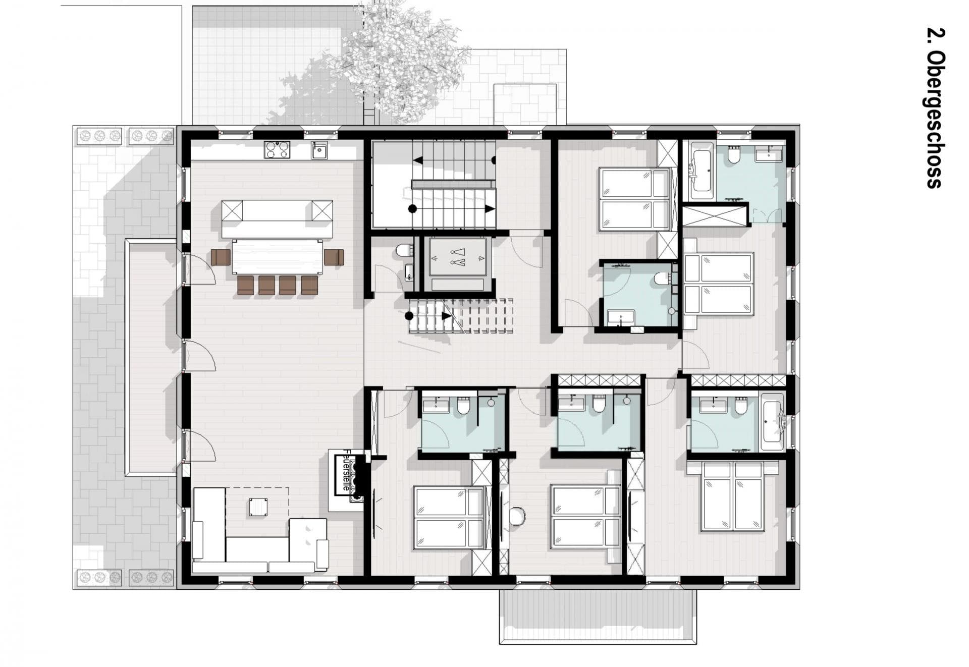Second floor plan: four ensuite bedrooms and open-plan living area with fireplace