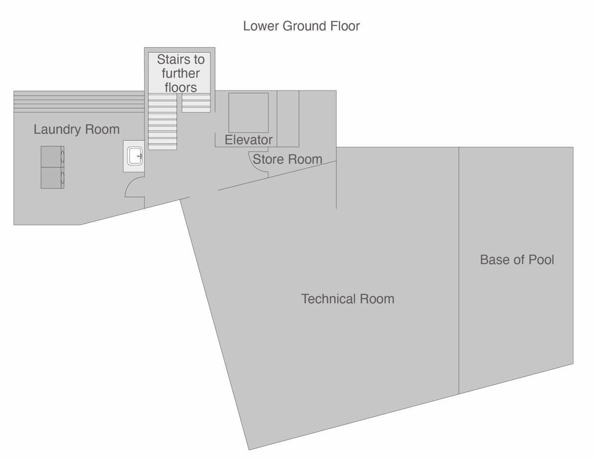 Lower ground floor plan: laundry, storage, elevator access, and pool base