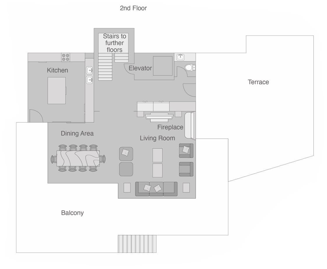 Second floor plan: kitchen, living area with fireplace, large terrace, and elevator access
