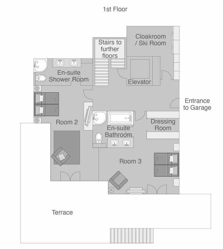 First floor plan: two en-suite bedrooms, terrace, ski room, and elevator access