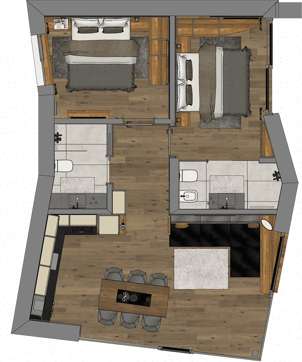 Floor plan: two bedrooms, two bathrooms, kitchen, and dining area for six