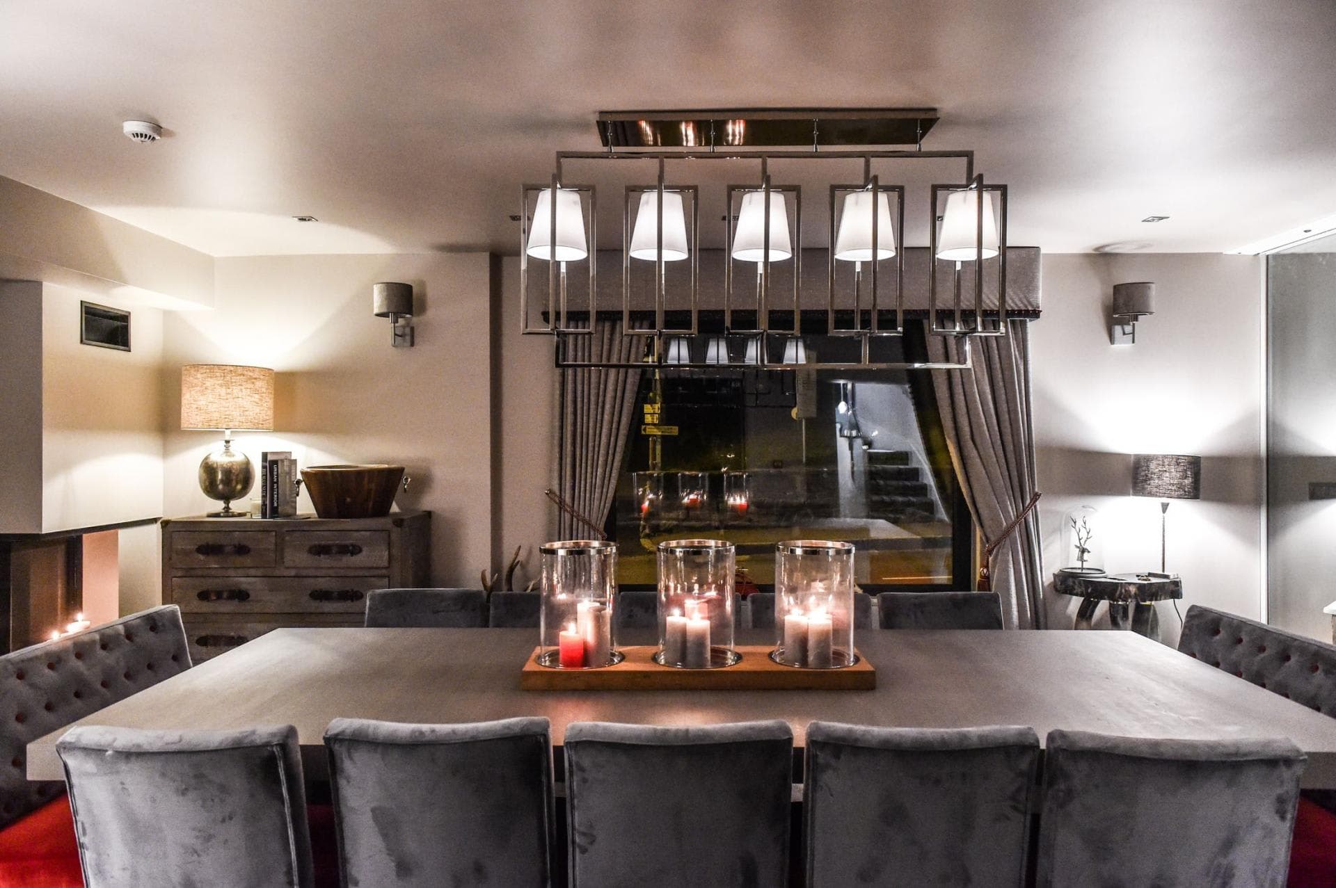 Dining area with seating for 10 and wood-burning fireplace
