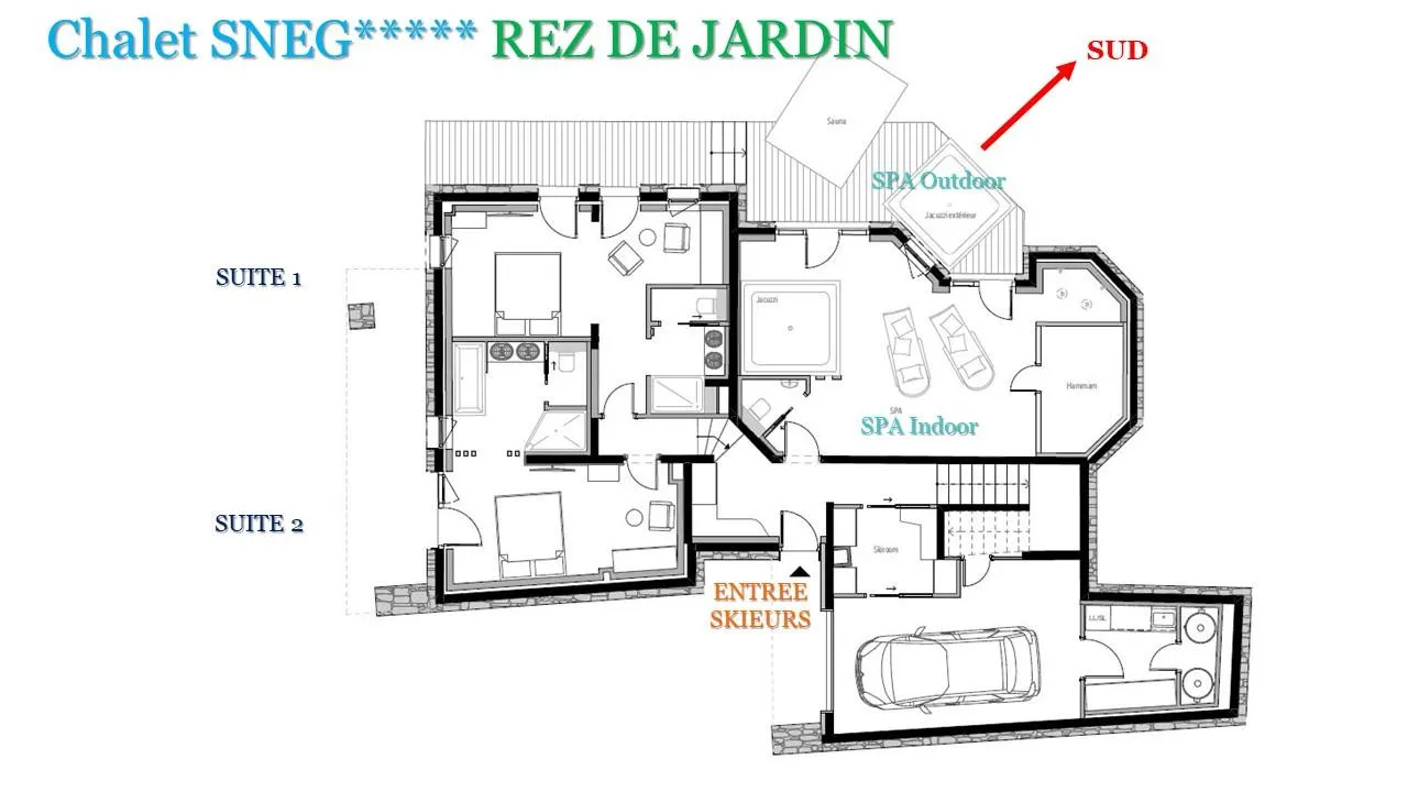 Garden level floor plan featuring two suites and indoor-outdoor spa area