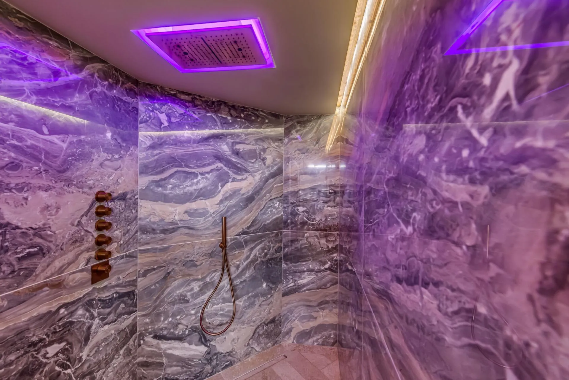 Walk-in shower with LED rainfall head and handheld sprayer
