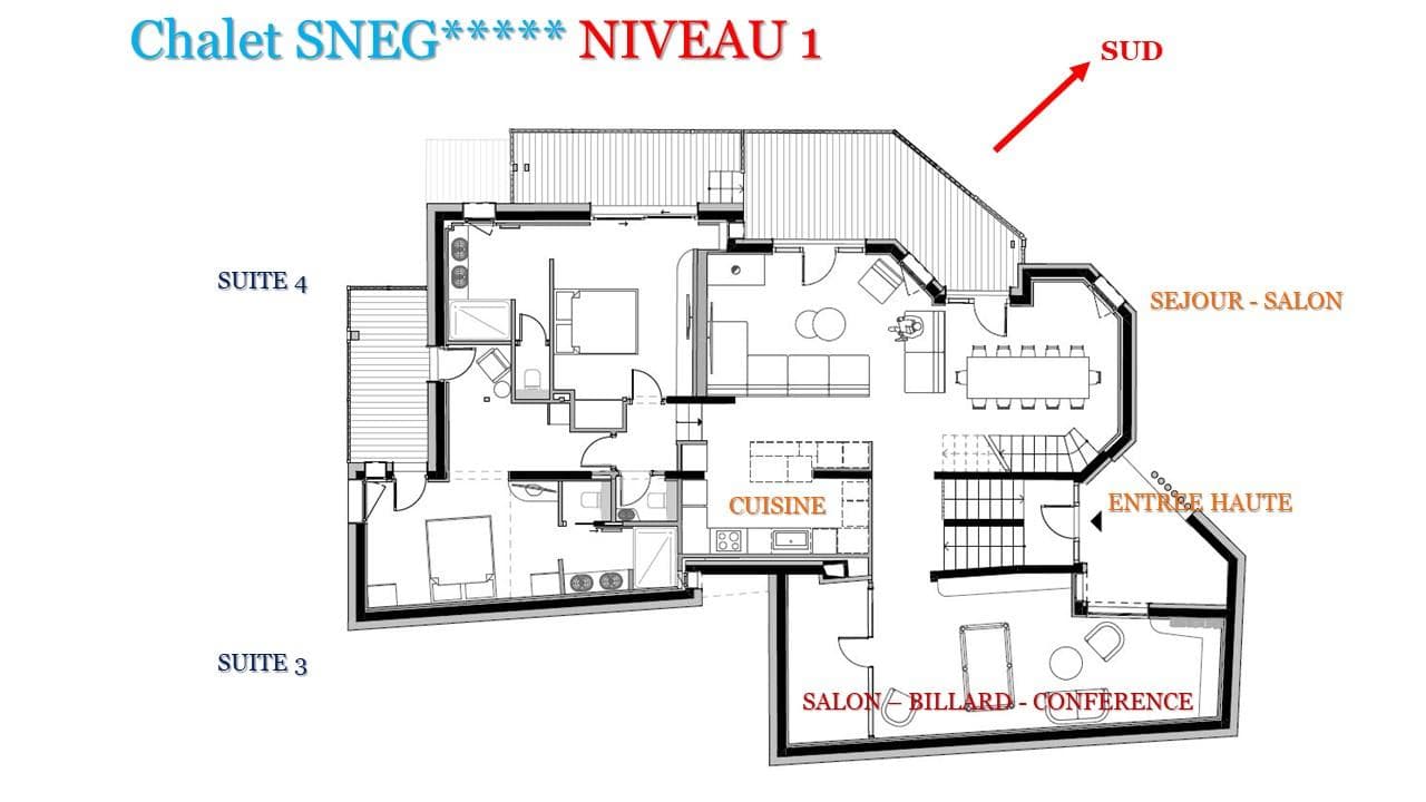 Level 1 floor plan with two suites and dedicated billiard room