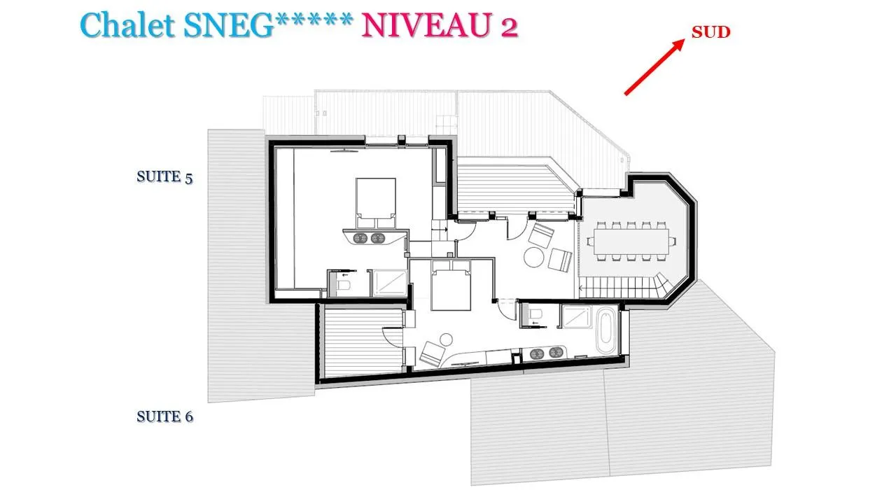 Level 2 floor plan featuring two suites and south-facing terrace