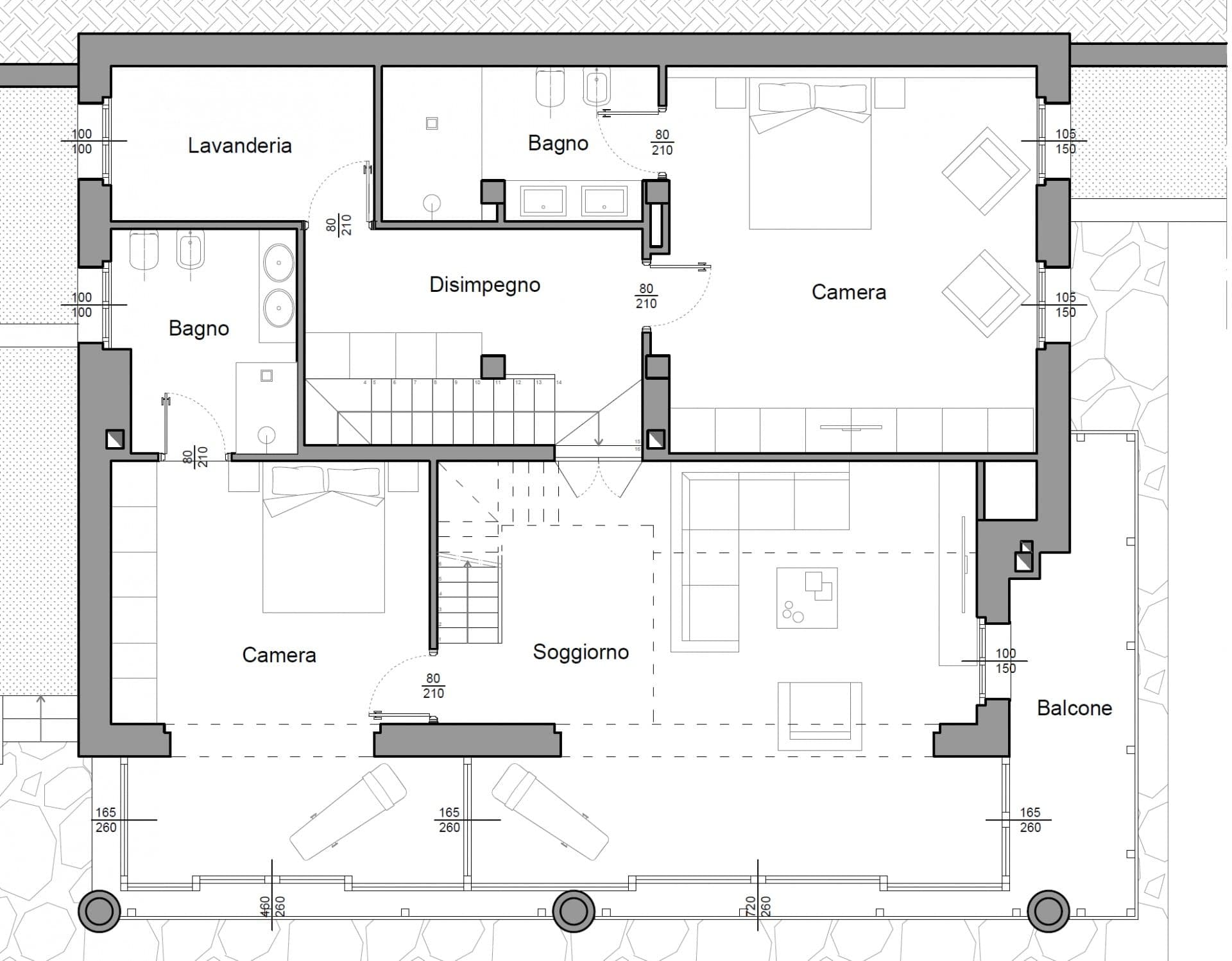 Floor plan: two bedrooms, two bathrooms, laundry room, and balcony
