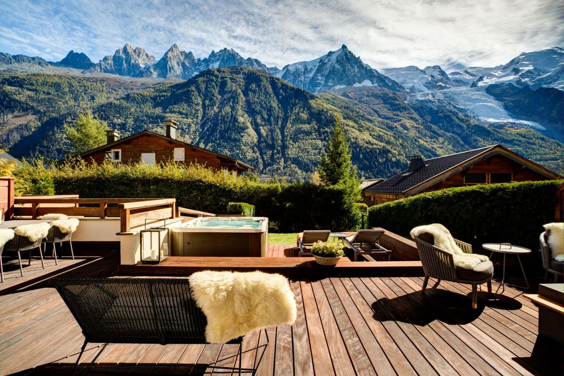Private deck with sunken hot tub and Mont Blanc views
