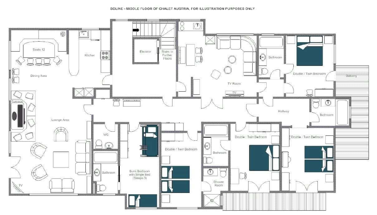 Middle floor layout: four bedrooms, elevator access, and living area with balcony