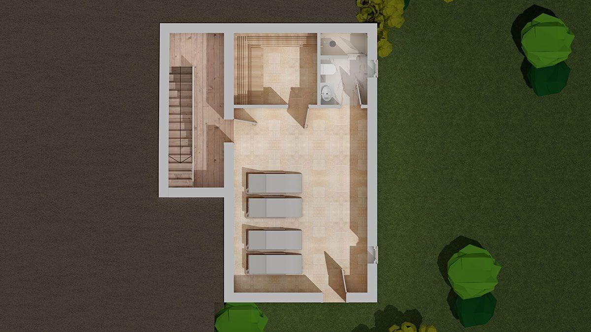 Lower level floor plan: wellness area with sauna, bathroom, and lounge