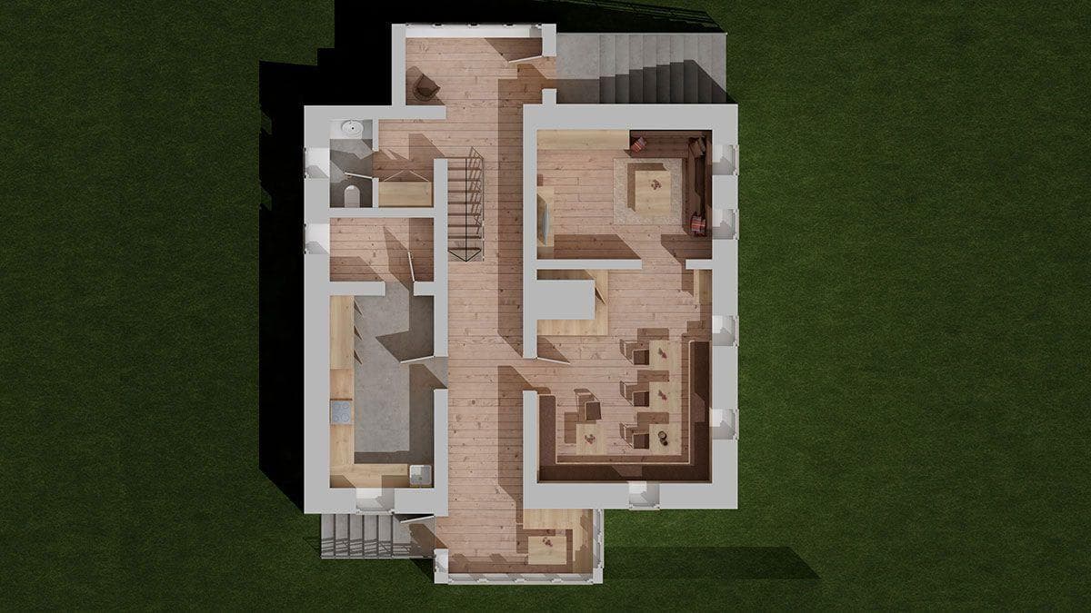 Ground floor layout: kitchen, lounge with fireplace, dining area, and guest restroom