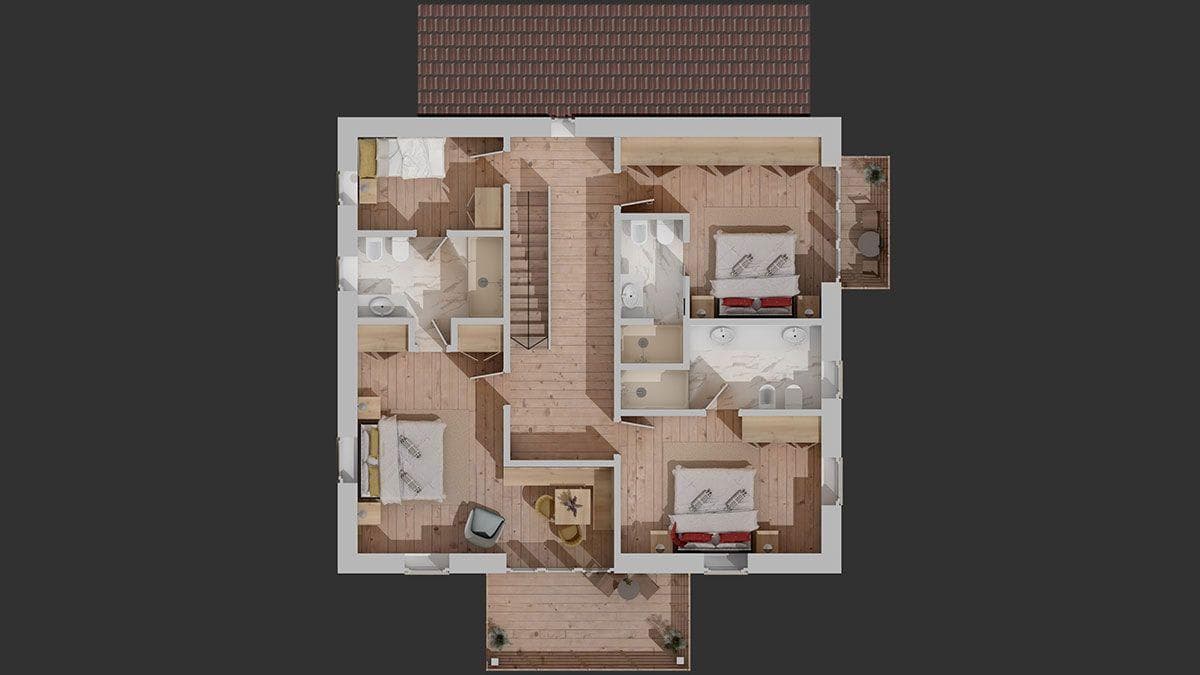 Upper floor plan: four bedrooms, three bathrooms, and two private balconies