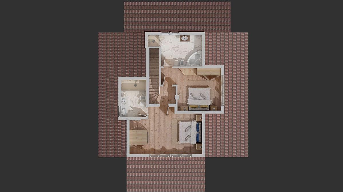Upper floor plan: two bedrooms, two full bathrooms, and central staircase