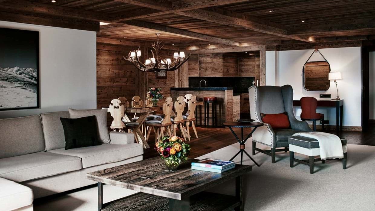 Open-plan living area with dining seating for 8 and dedicated desk