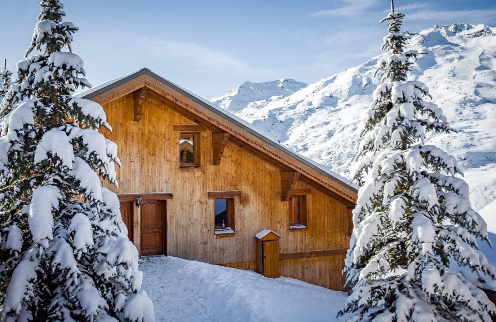 Wooden chalet exterior with timber facade and mountain backdrop