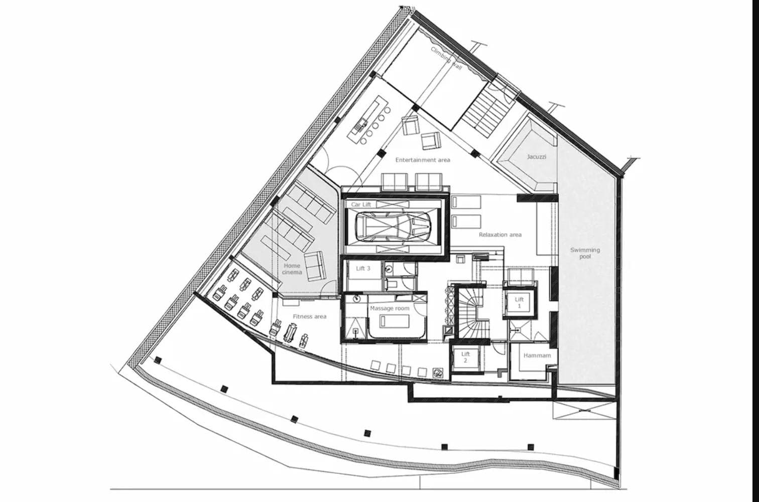 Lower level floor plan: swimming pool, home cinema, fitness area, and car lift