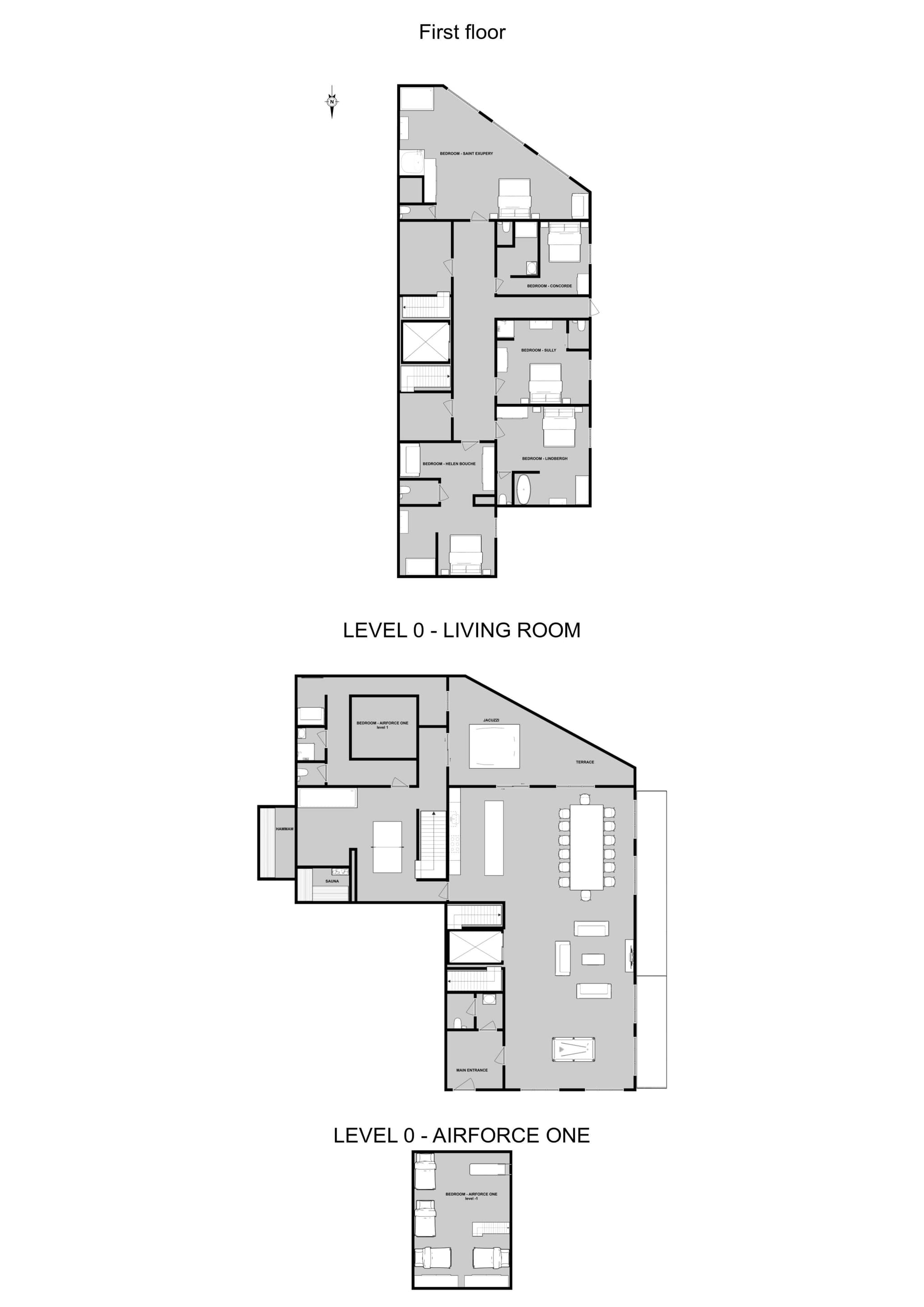 Floor plan: Level 0 living area, terrace with jacuzzi, and first floor bedrooms