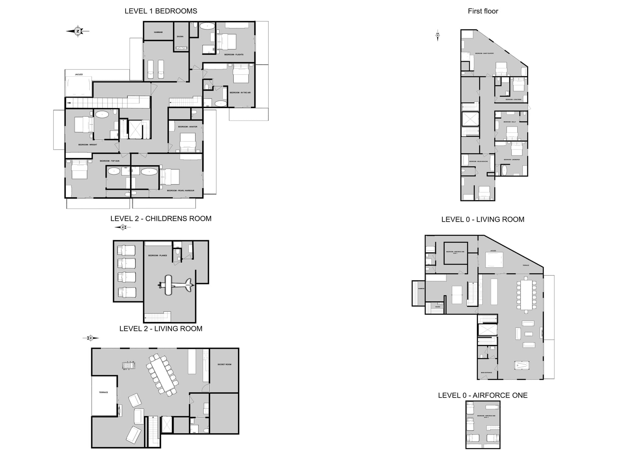 Three-level floor plan with multiple living rooms and dedicated children's suite