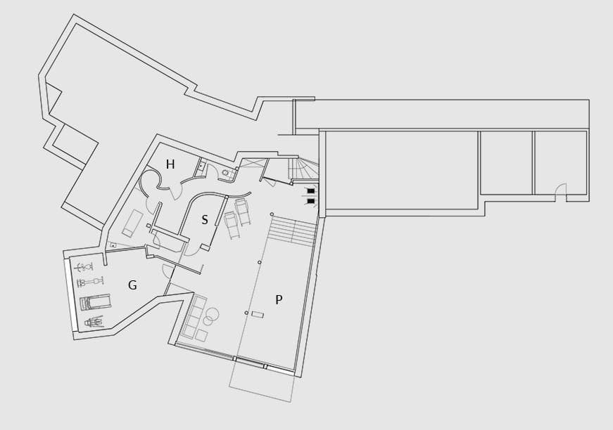 Lower level floor plan: gym, sauna, pool area, and terrace