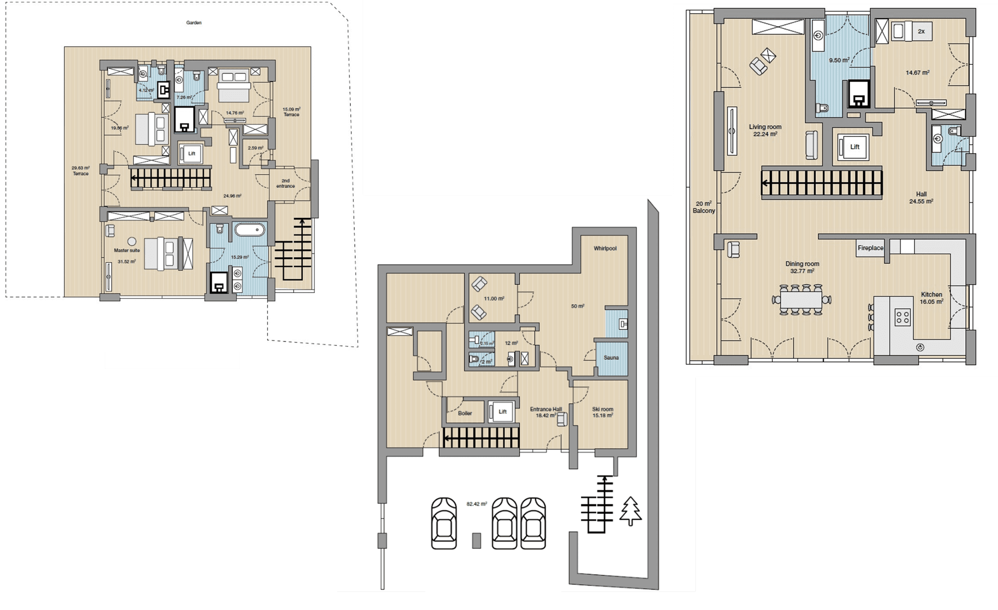 Floor plans for three levels including garage, sauna, whirlpool, and open-plan living