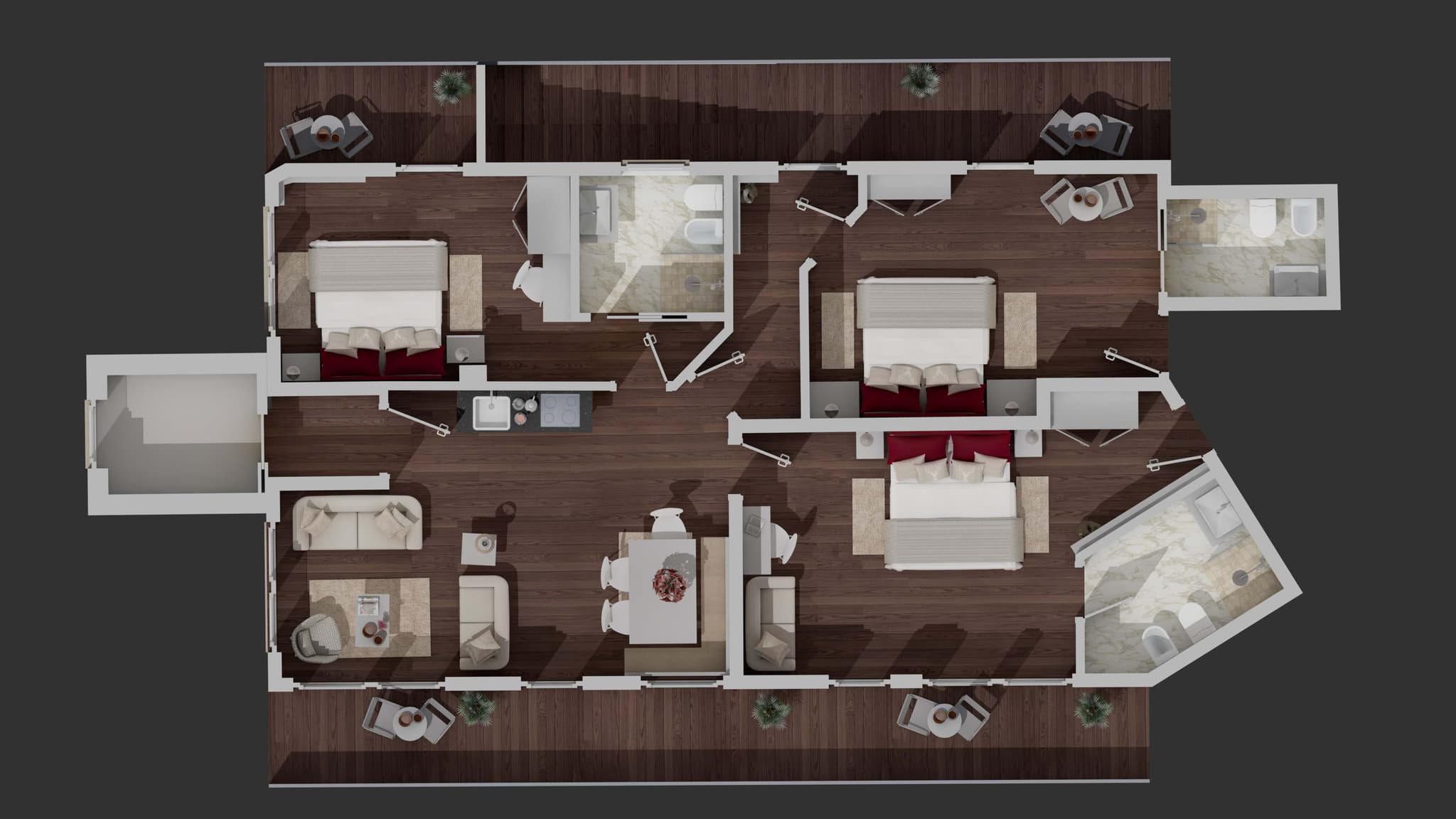 Floor plan: three bedrooms with ensuite bathrooms, kitchenette, and private terrace access