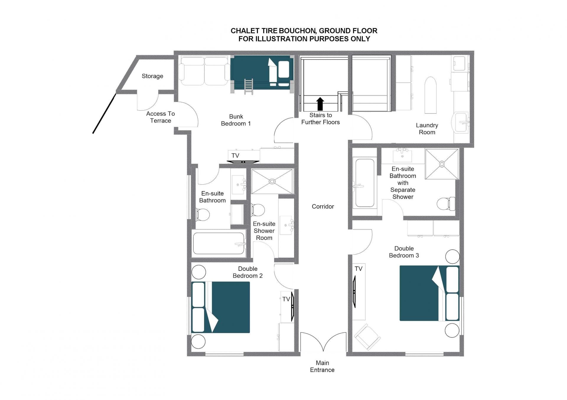 Ground floor plan: three en-suite bedrooms, laundry room, and terrace access