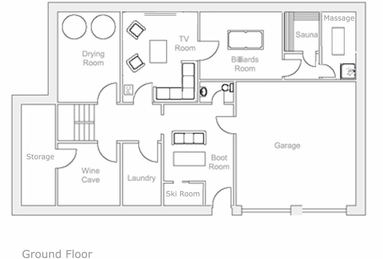 Ground floor plan: garage, ski storage, sauna, billiards room, and wine cave