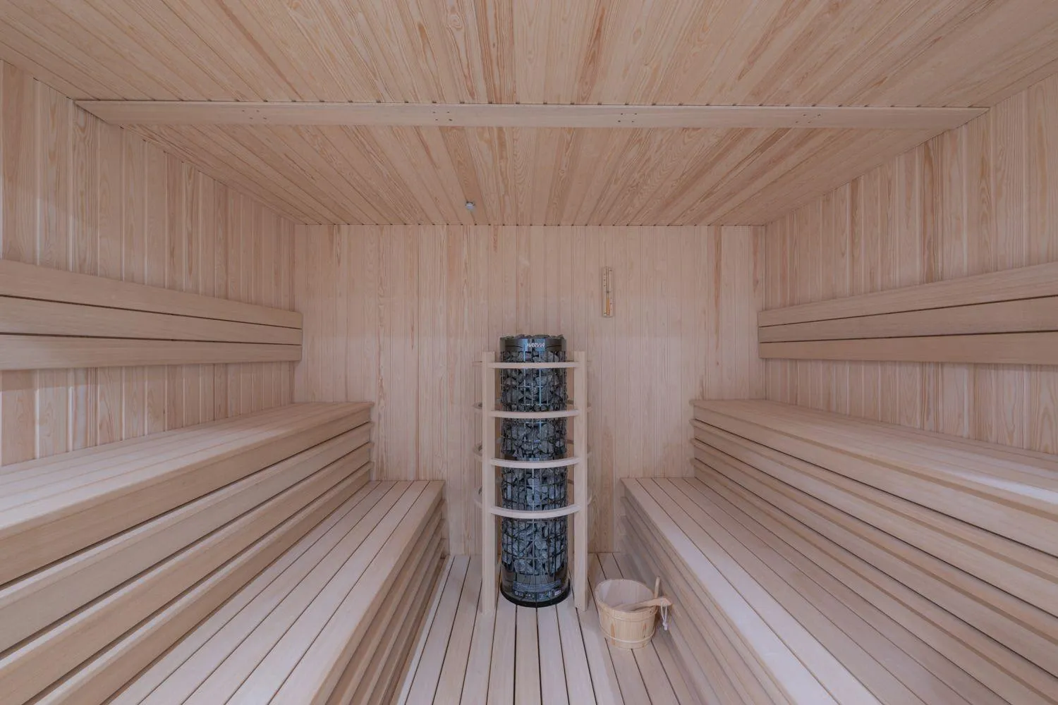Cedar sauna with tiered bench seating