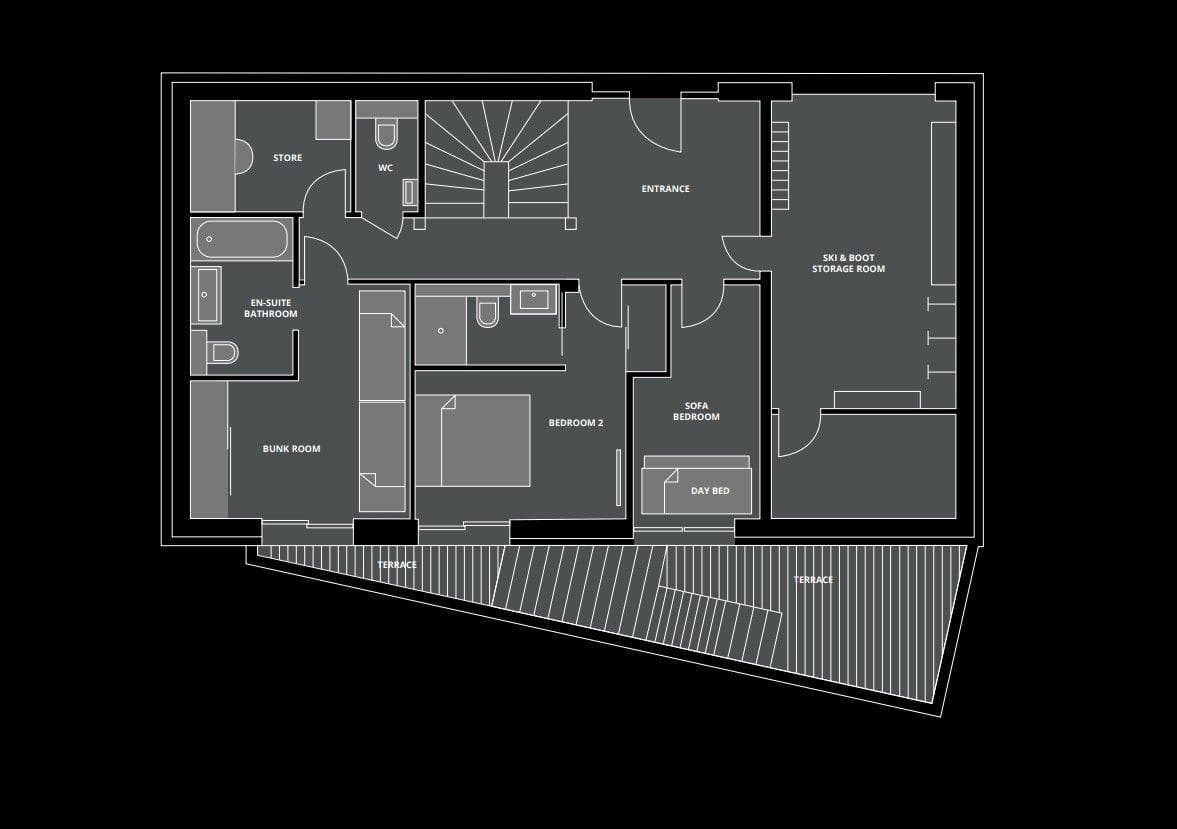 Ground floor plan: three bedrooms, ski storage, and terrace access