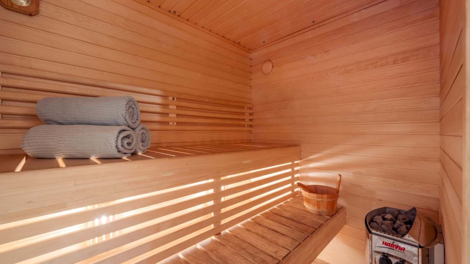 Private sauna with Harvia heater and multi-level bench seating