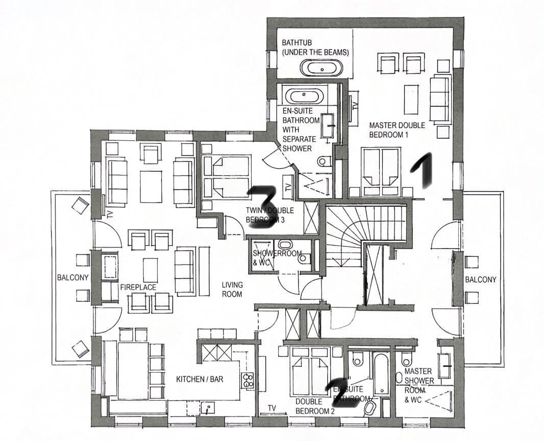 Three-bedroom floor plan with two en-suite bathrooms and dual balconies