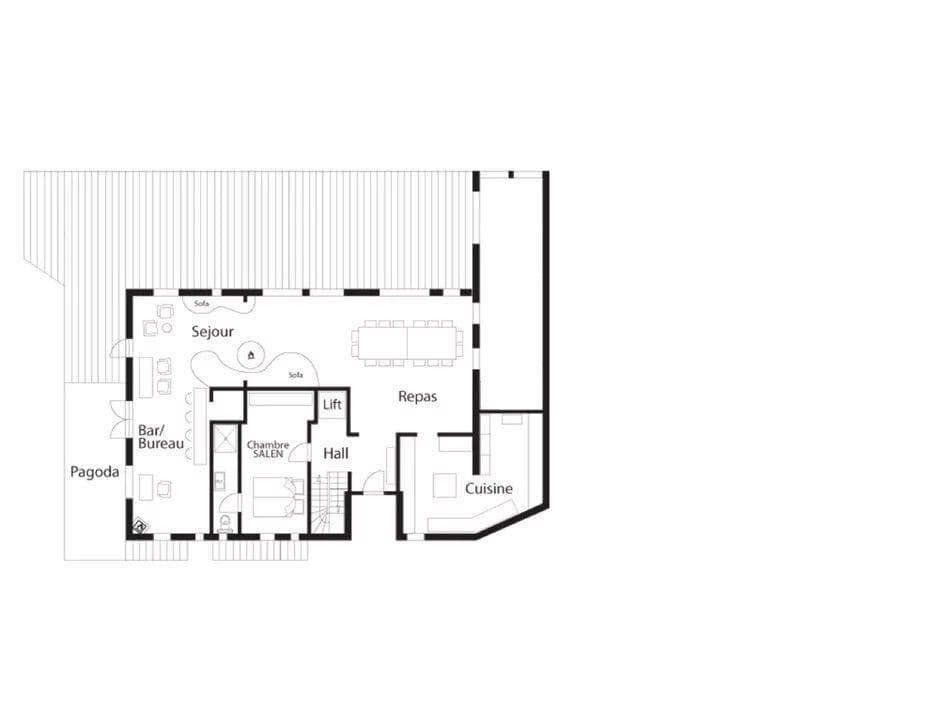 Floor plan: kitchen, dining, living area, bar, bedroom, and lift access