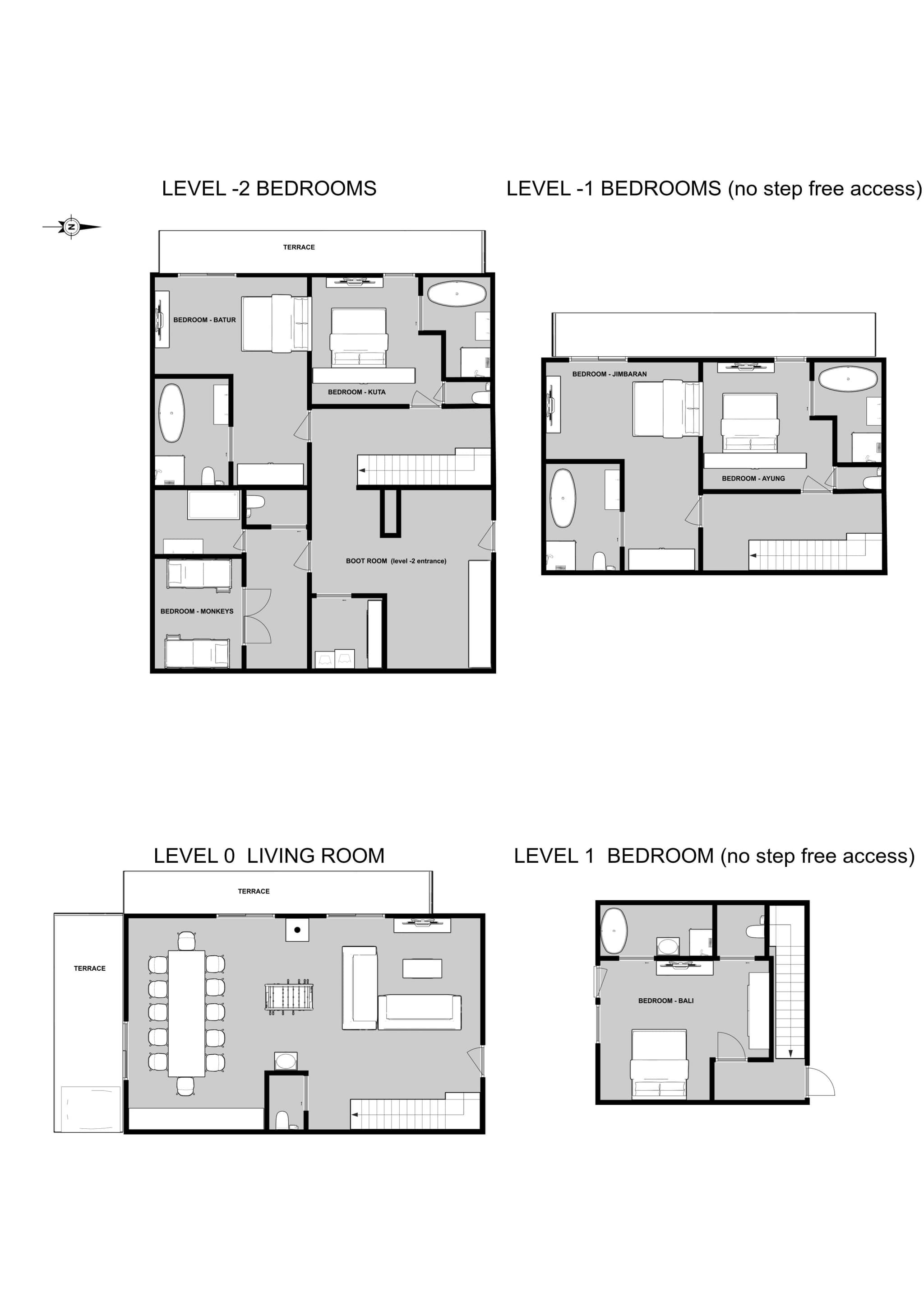 Floor plans for four levels; note no step-free access to upper bedrooms