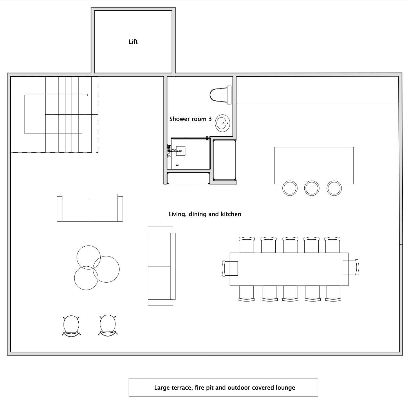 Floor plan: open-plan living level with dining for 10 and lift access