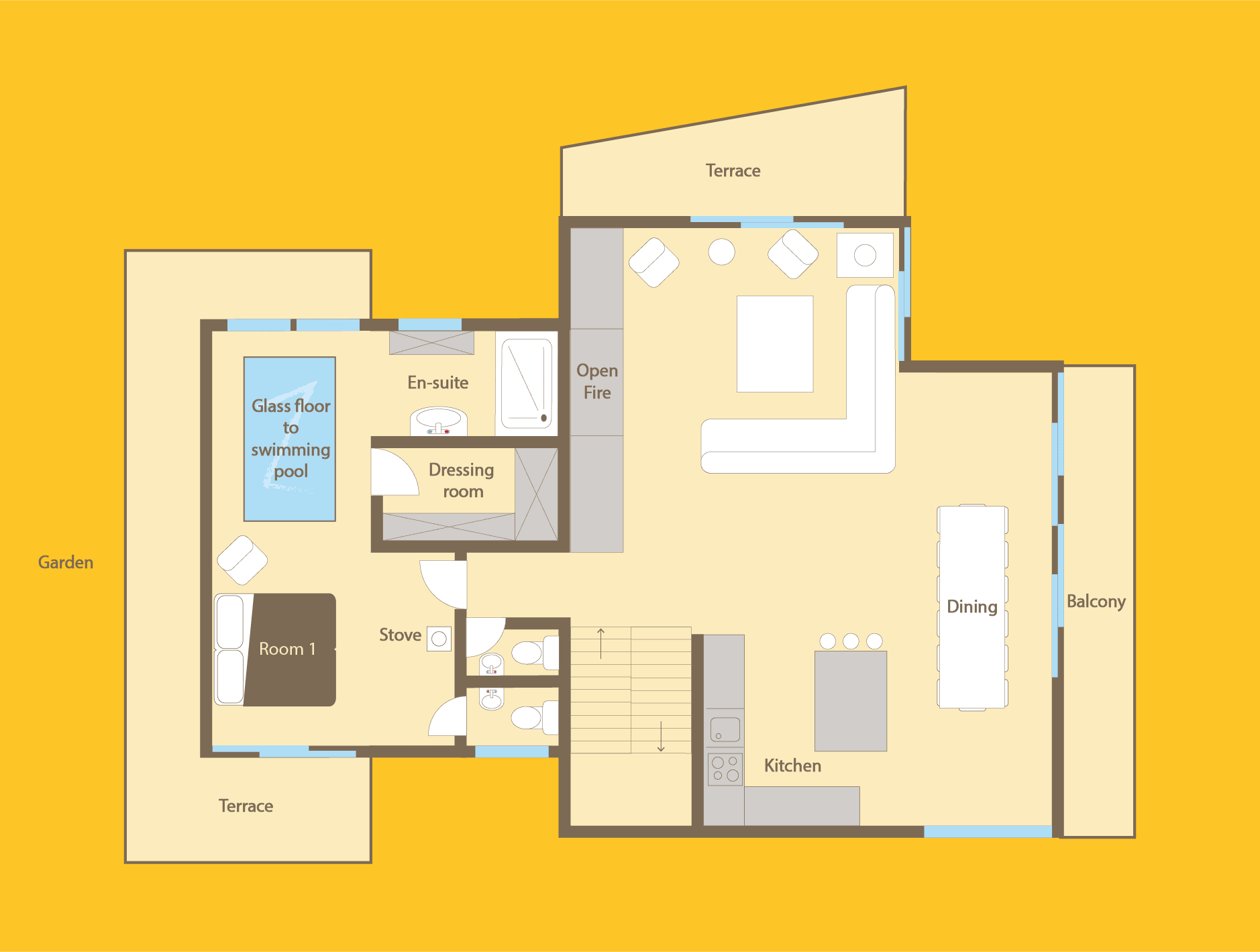 Floor plan with open-plan living, kitchen, dining, and bedroom with pool-view glass floor