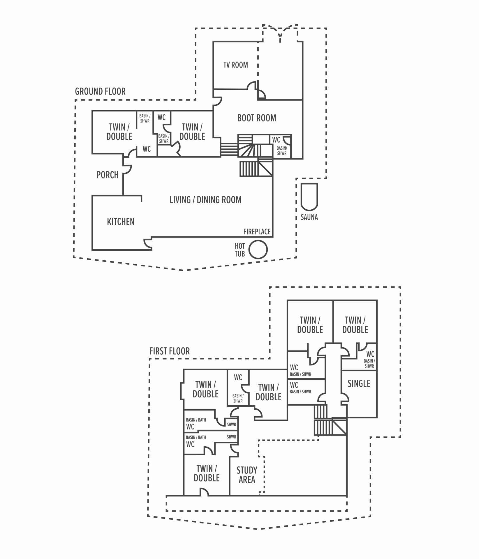 Floor plans for ground and first levels; includes sauna, hot tub, and boot room