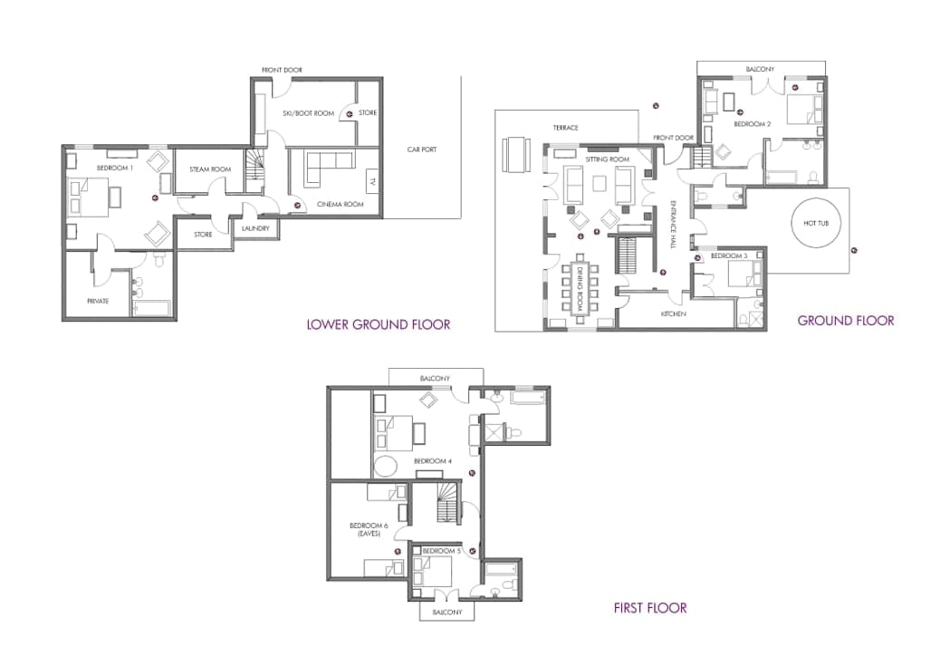 Floor plan: 6 bedrooms, steam room, cinema, and terrace with hot tub