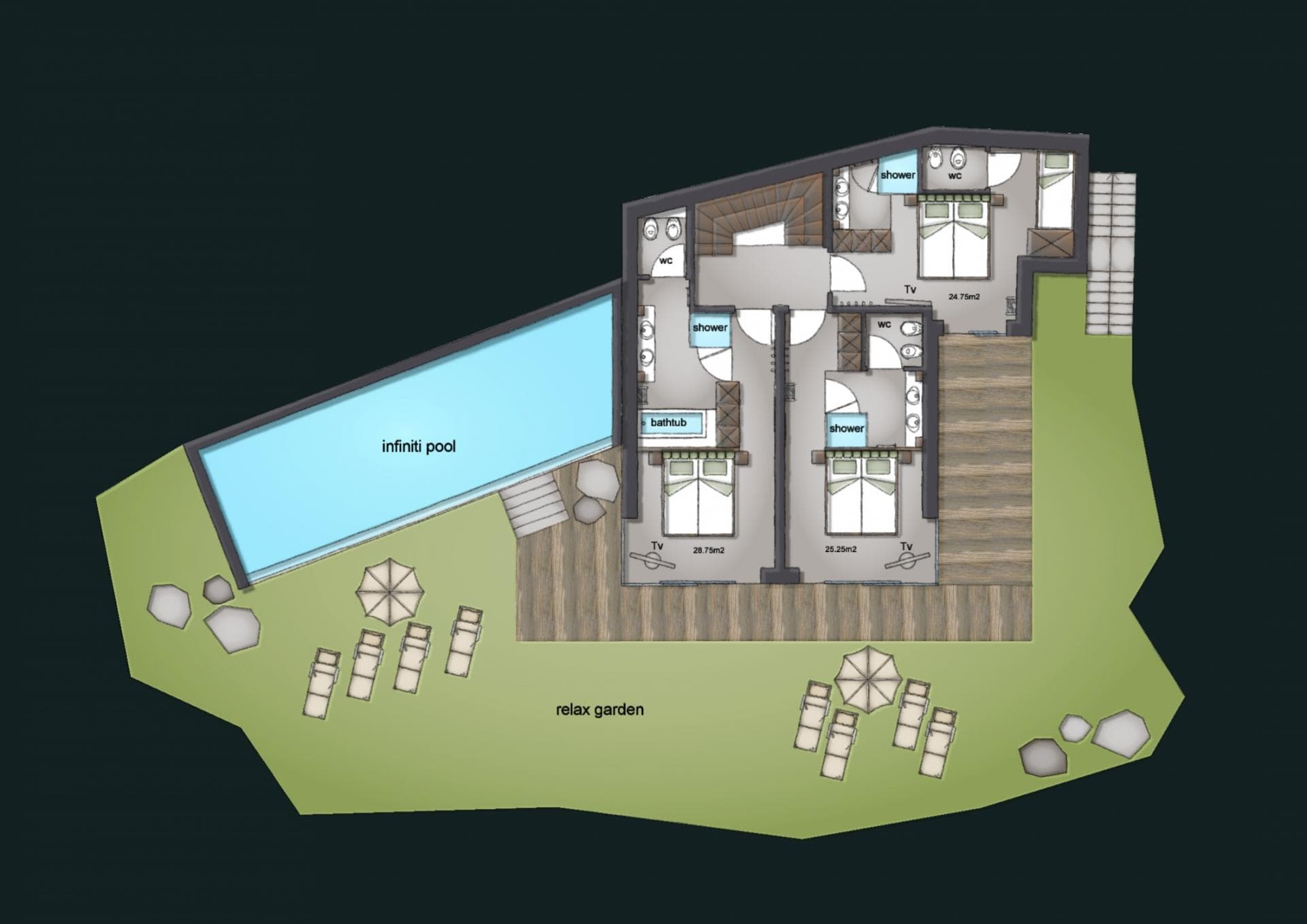 Floor plan featuring 3 ensuite bedrooms and private infinity pool