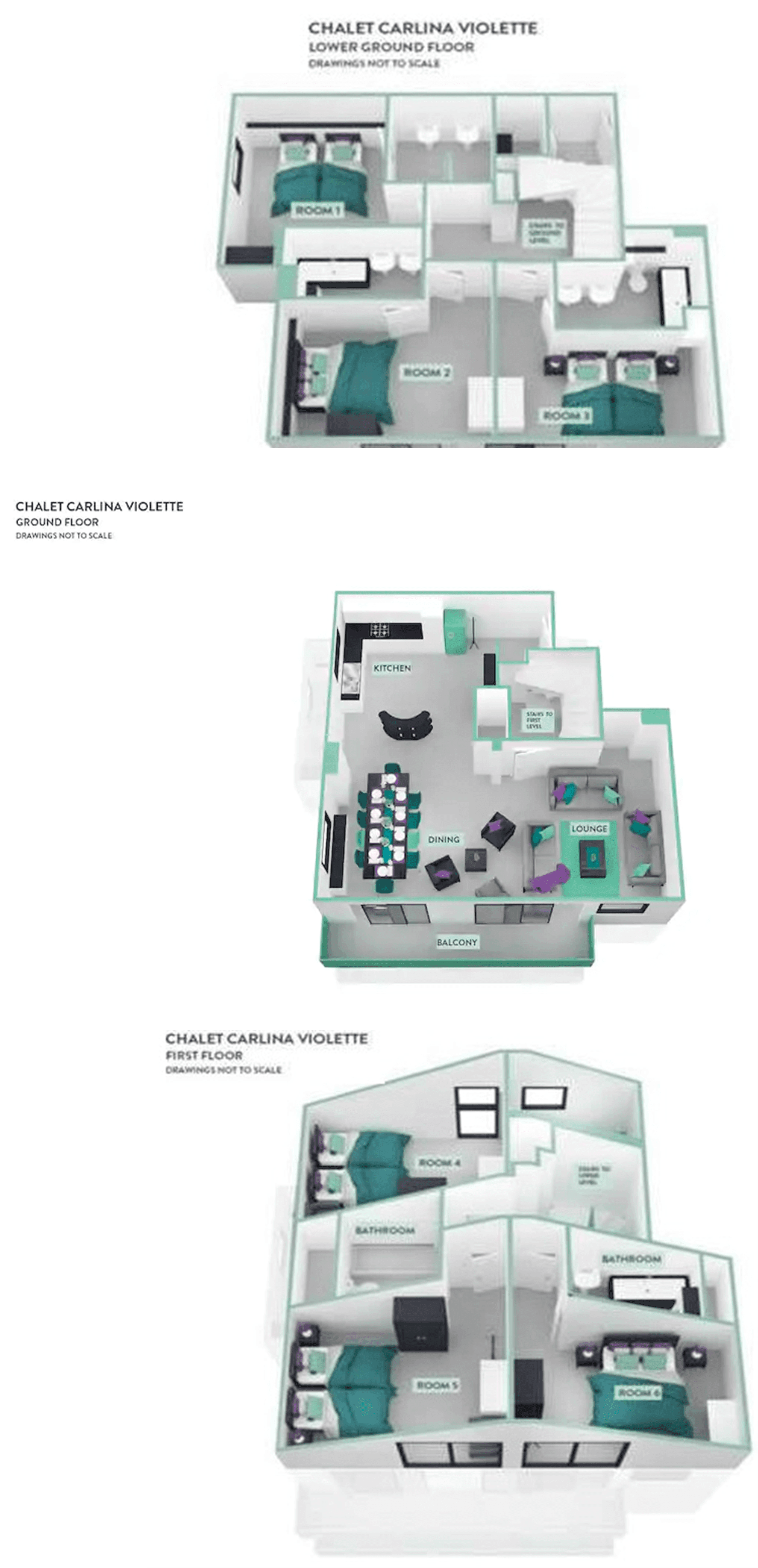 Three-story floor plan featuring 6 bedrooms and open-plan living area