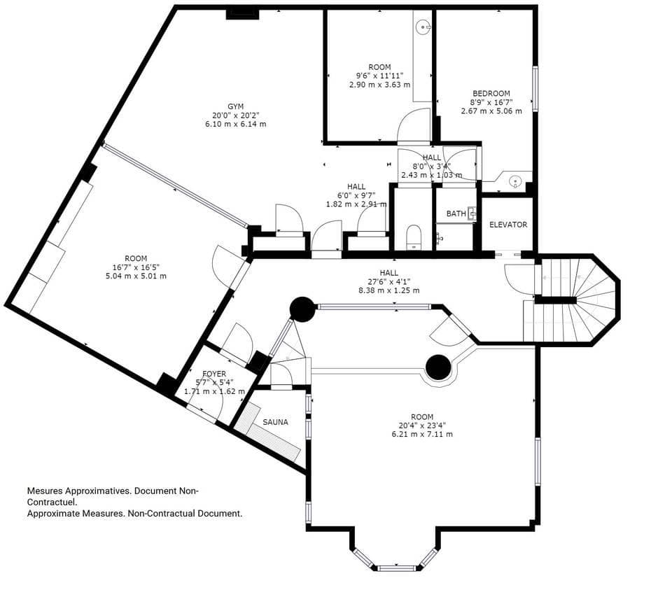 Floor plan: bedroom, private gym, sauna, elevator access, and multiple flexible rooms