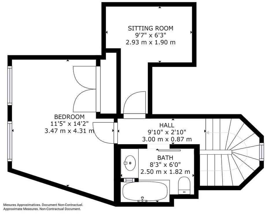Floor plan: bedroom, sitting room, bathroom, and hall with spiral staircase
