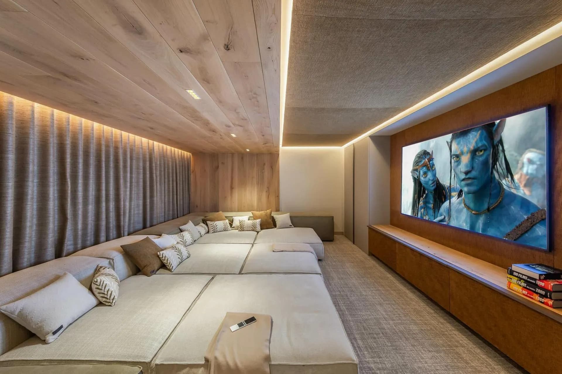 Cinema room with tiered sofa seating