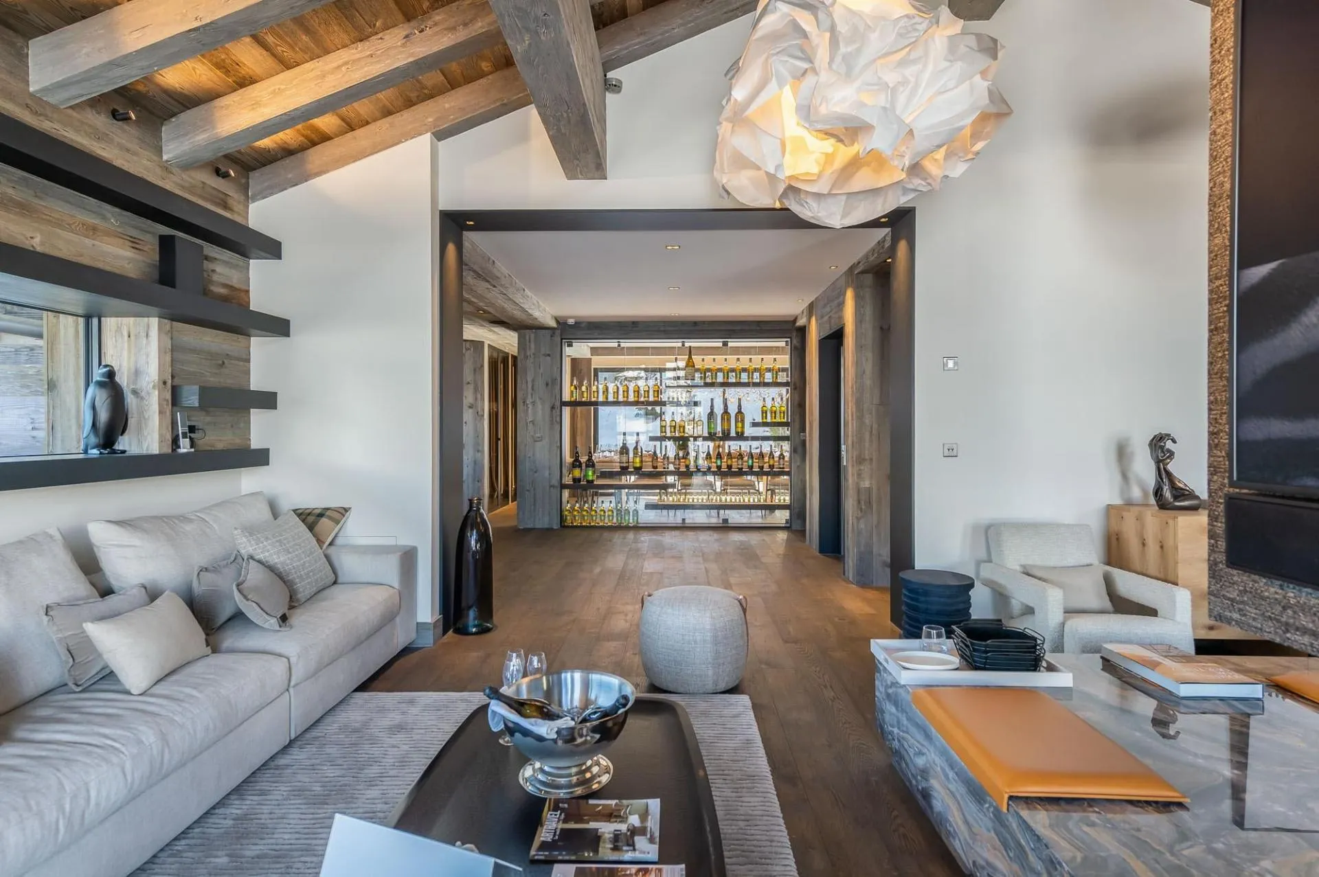 Living room facing the bar and dining area