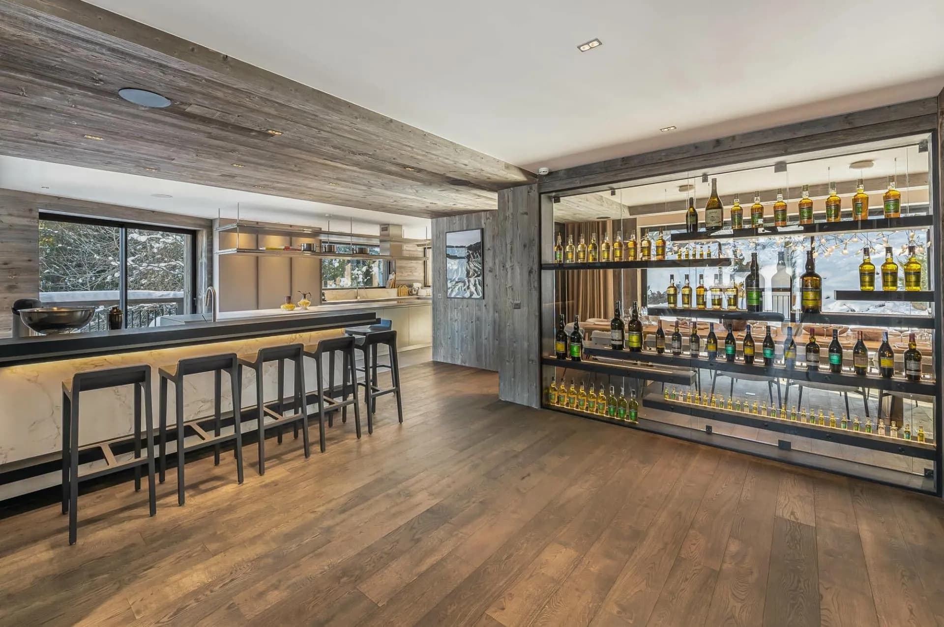 Bar with stools and drinks display