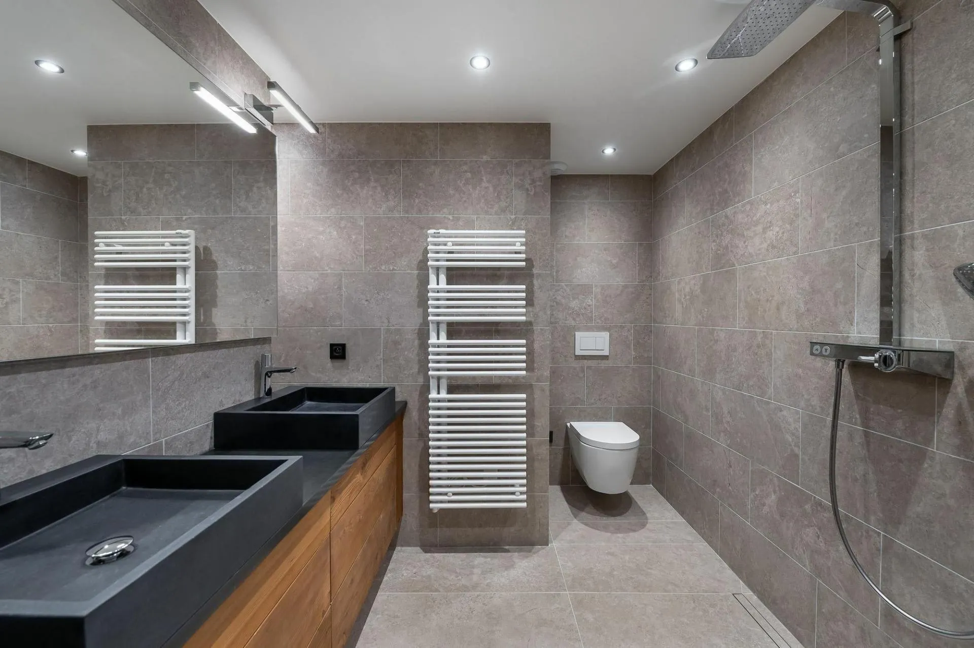 Bathroom with shower and double basins