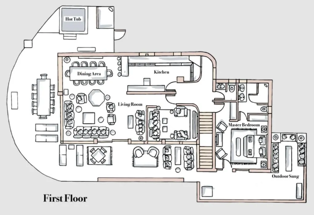 First-floor plan with open-plan living and dining areas, Master Suite, hot tub and outdoor snug