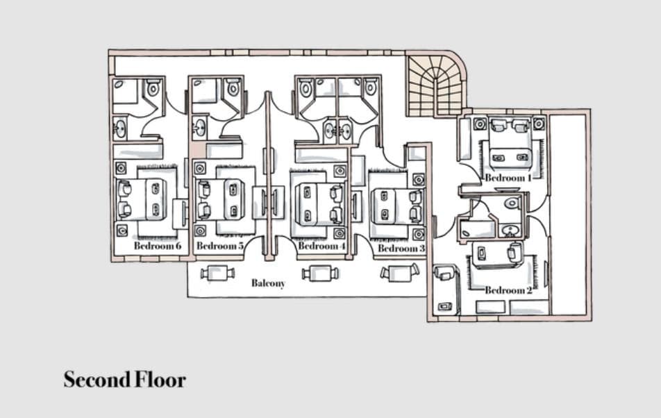 Second floor plan: six ensuite bedrooms and shared balcony access