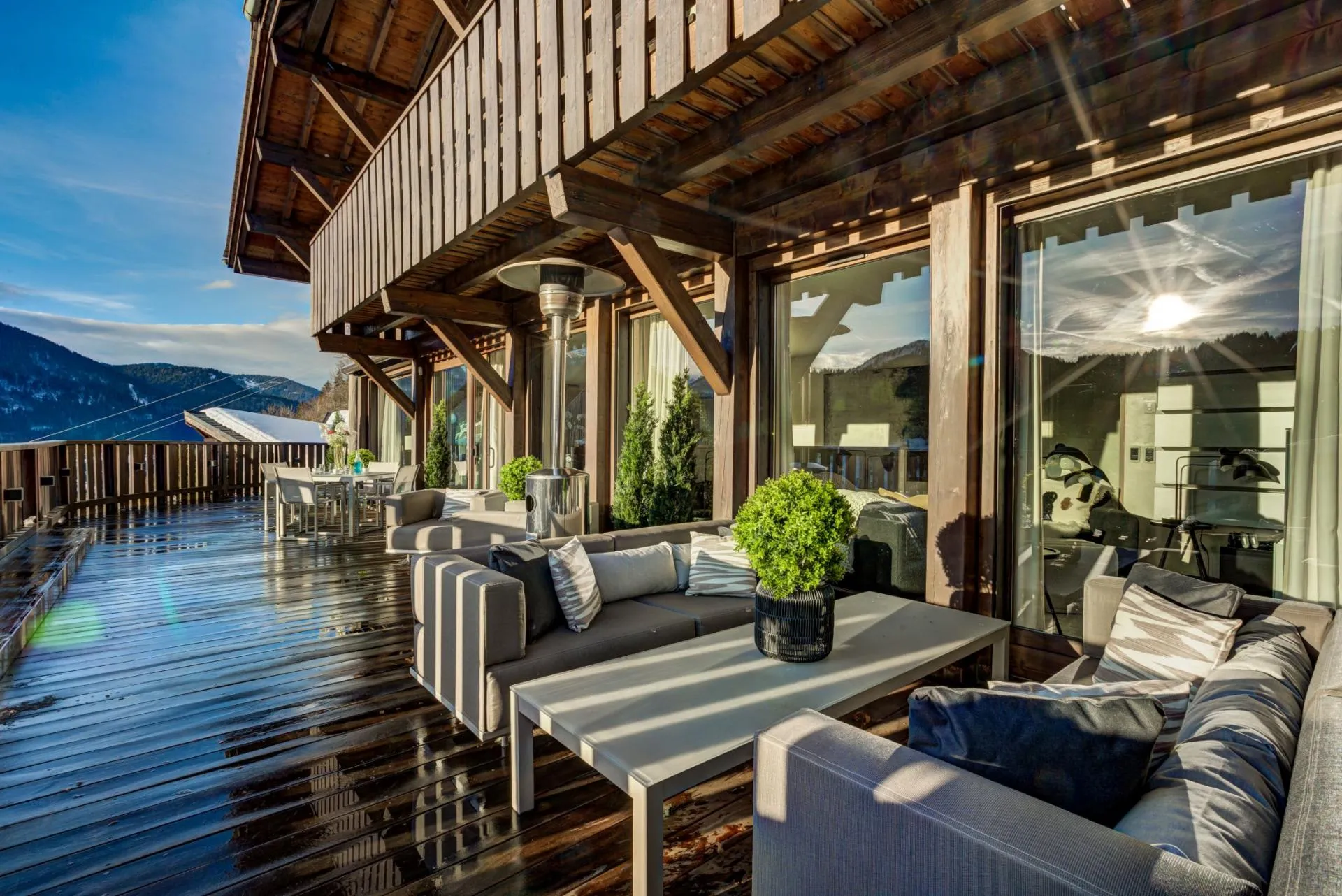 Mountain-view deck with sectional seating and propane heater