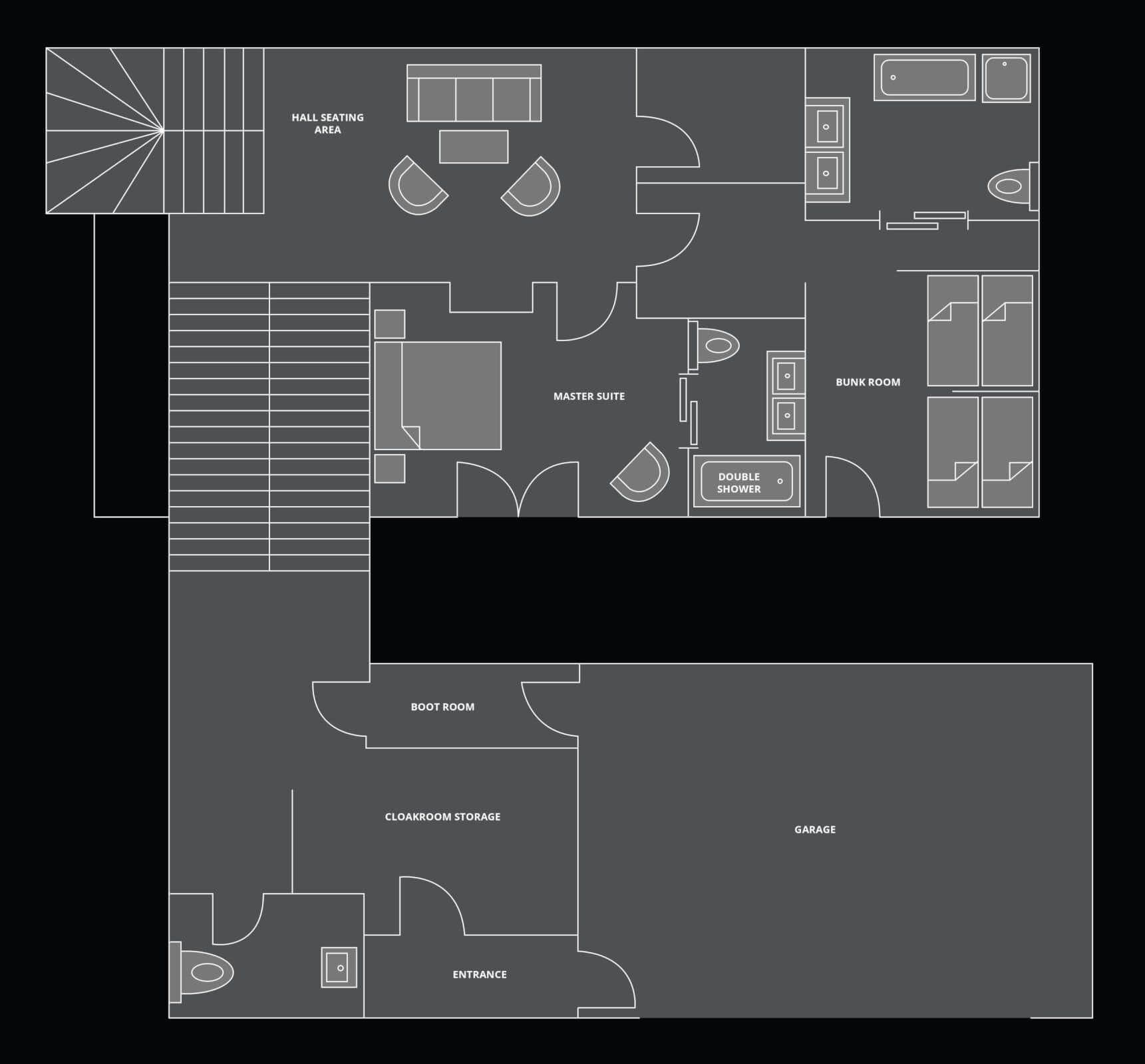Floor plan featuring bunk room for 4 and dedicated boot room