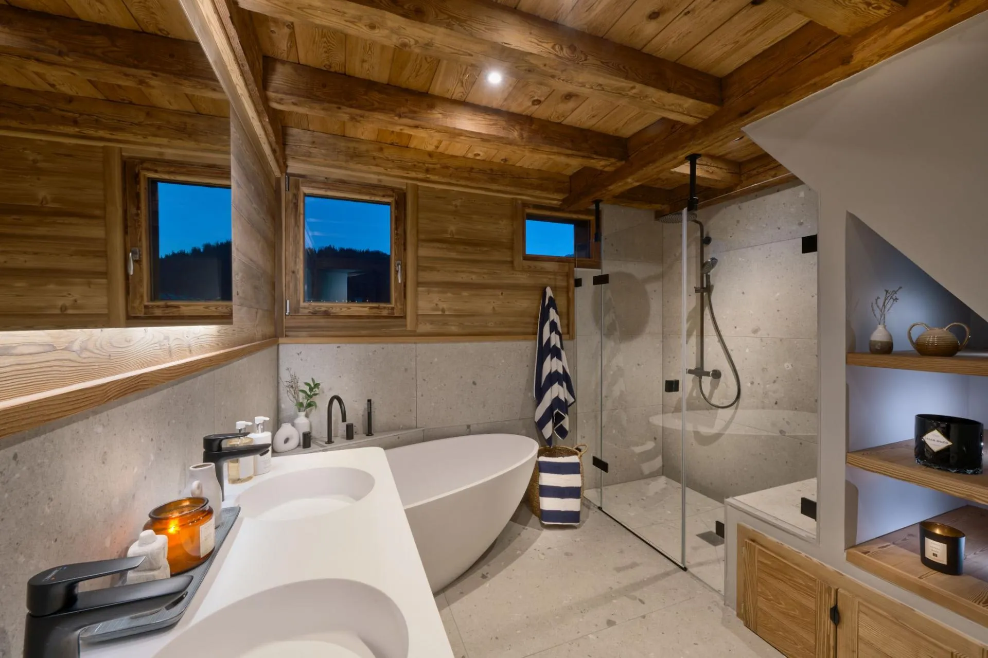 En-suite bathroom with a double vanity and freestanding bath